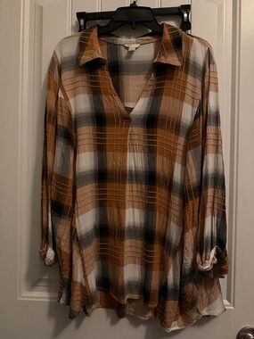 Cato Plaid V-Neck Tunic in Brown, Cream & Black